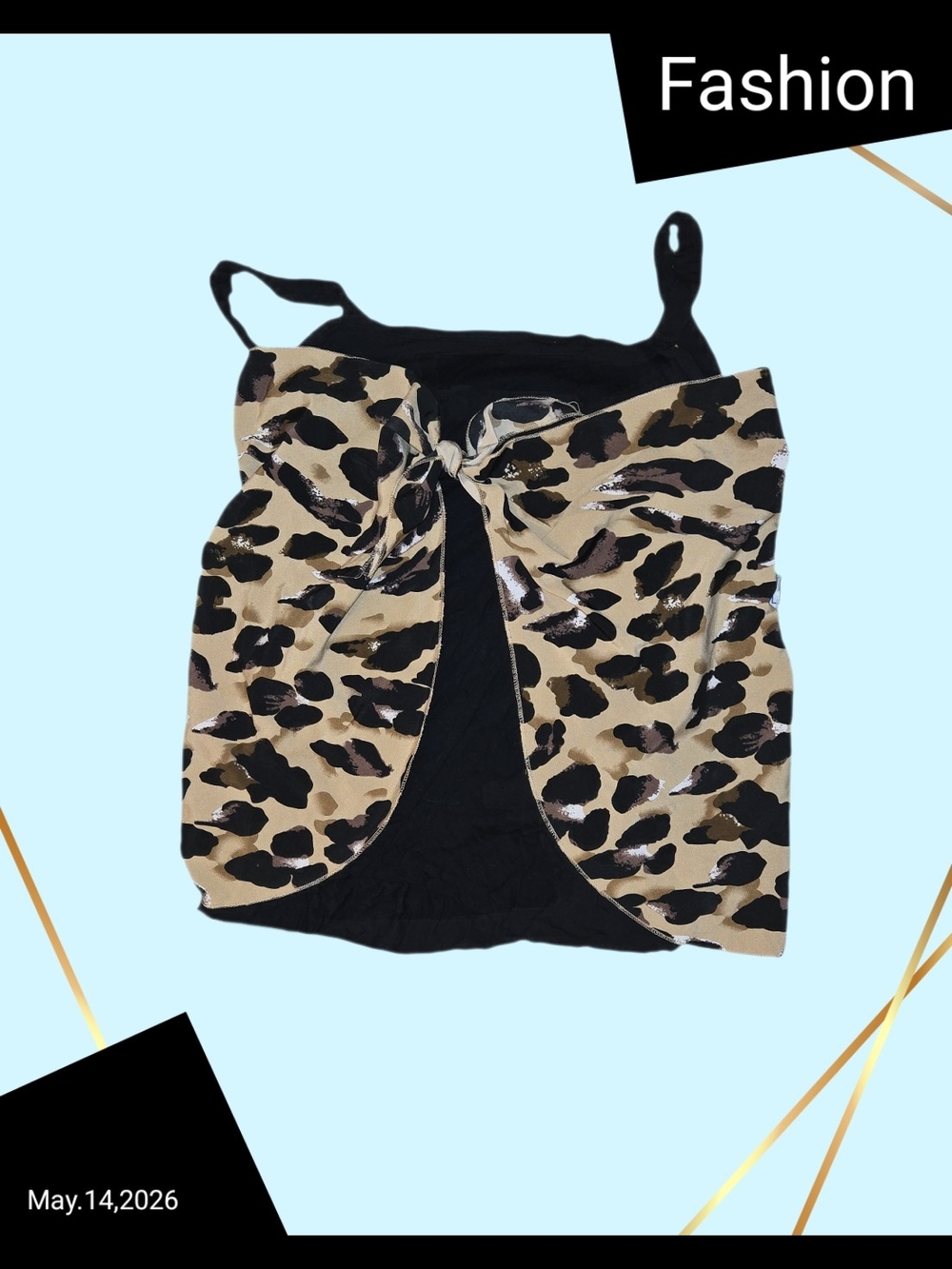 Leopard Print Knot Front Tank Top - Black & Tan